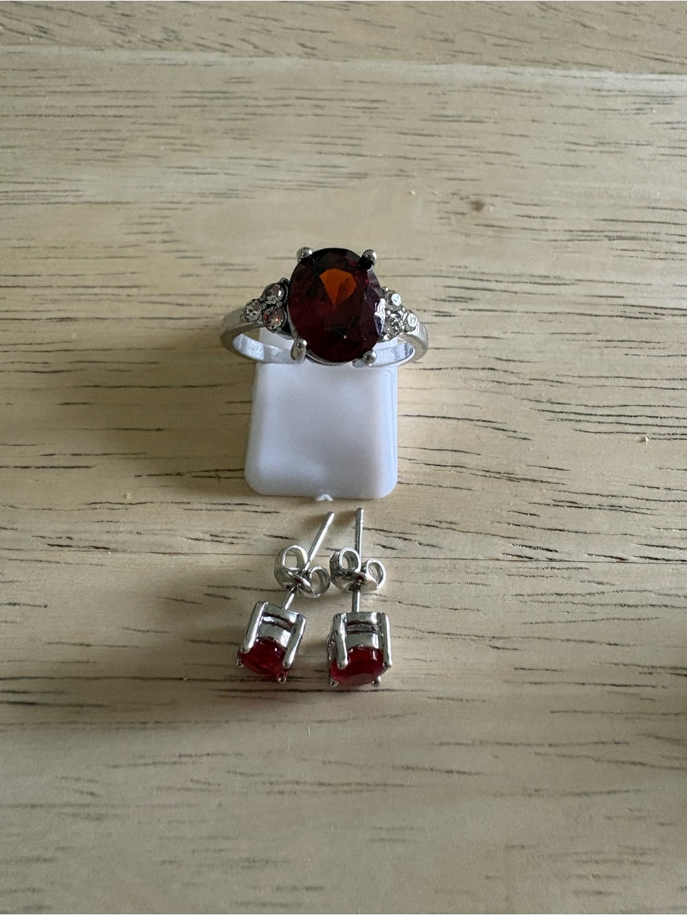 Silver-Tone Deep Red Oval Ring with Matching Red Stud Earrings - Women Jewelry